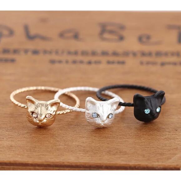 Silver Cat Head with Rhinestone Eyes on Twisted Rope Ring NEW 100% to Charity - Picture 7 of 8